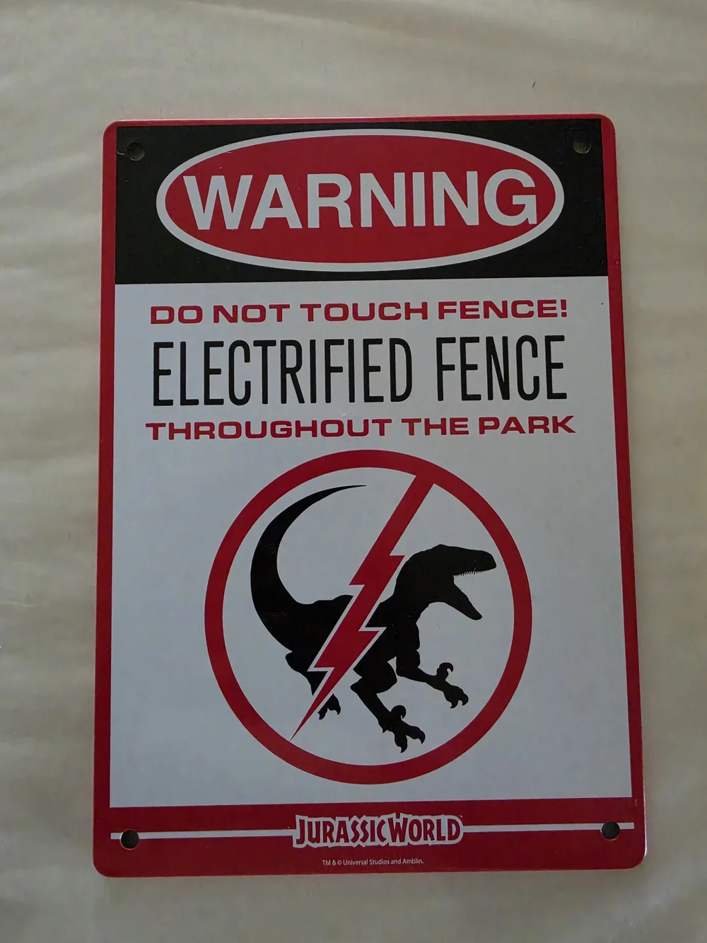 Jurassic World 'Electrified Fence' Warning Wall Sign - Red & Black